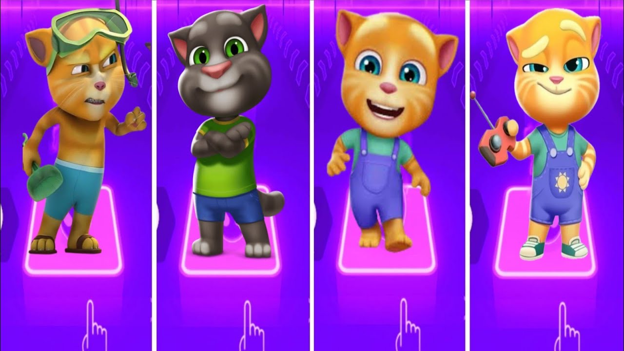 Talking Tom and friends Tom vs Angela vs Ben vs Hunk in Tiles Hop Coffen banec