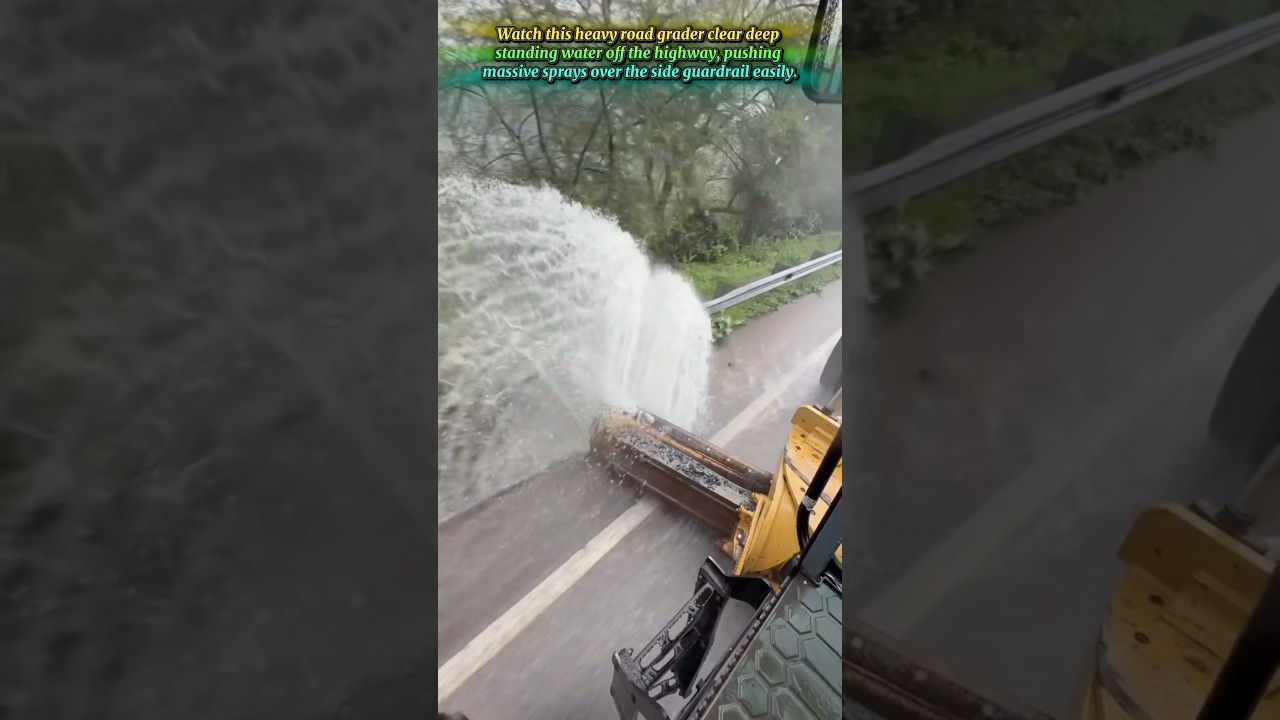 Heavy Duty Road Grader Clearing Flooded Highway Water Effortlessly