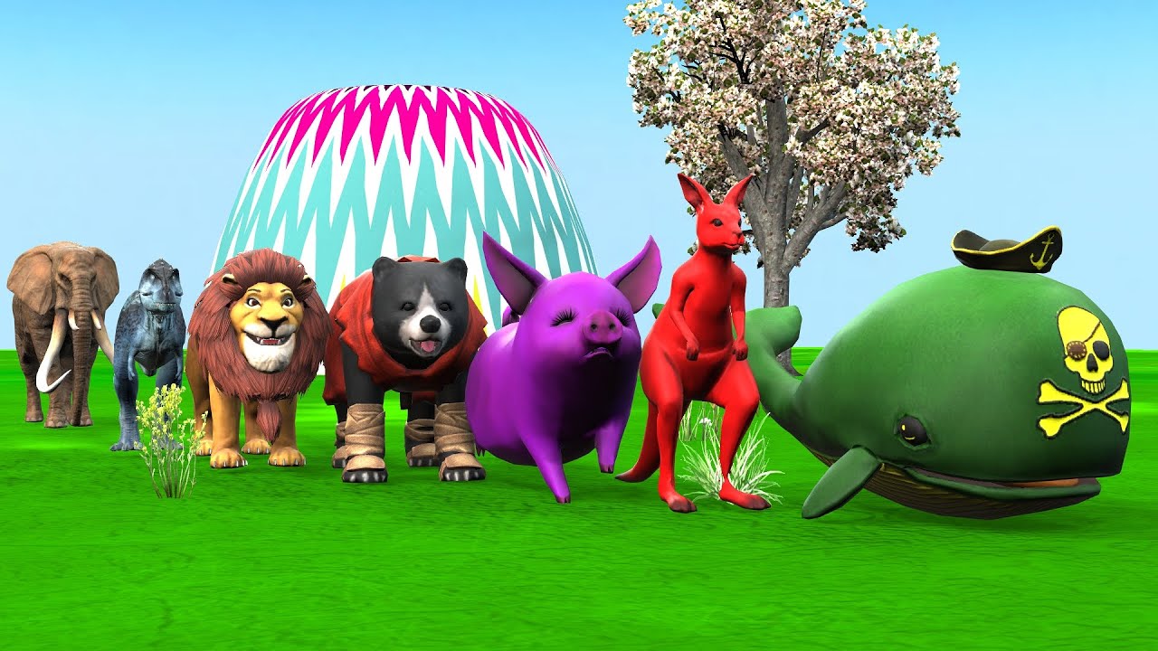 Paint & Animals Mammoth,Gorilla,Lion,Duck,Cow,Panda Fountain Crossing Transformation Animal Cartoon