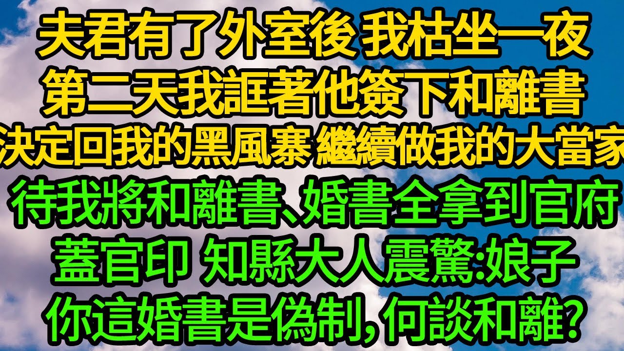 夫君有了外室後 我枯坐一夜，第二天我誆著他簽下和離書，決定回我的黑風寨 繼續做我的大當家，待我將和離書、婚書全拿到官府蓋官印 知縣大人震驚:娘子，你這婚書是偽制，何談和離?