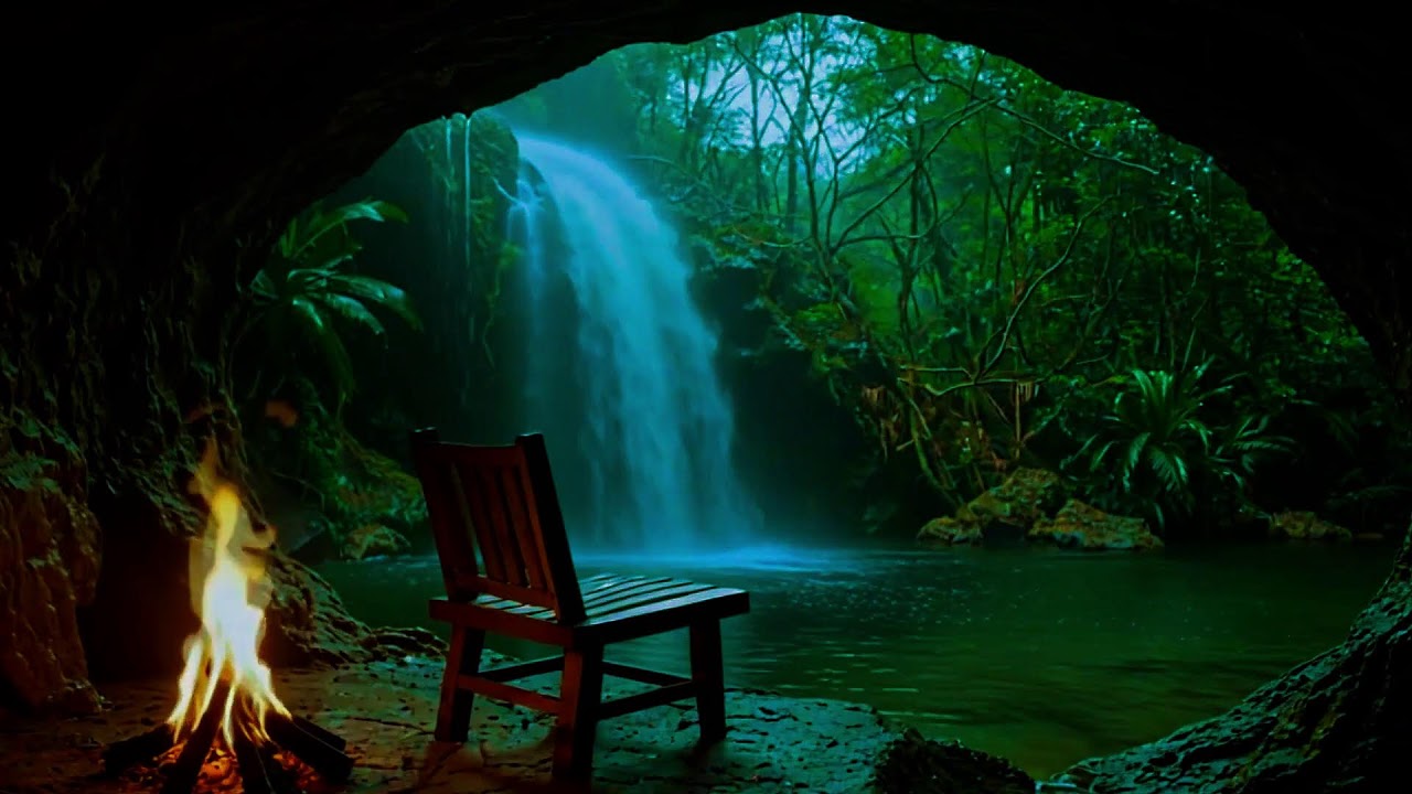 Peaceful Fire & Waterfall Ambience with Birds  | ASMR | Focus & Relax