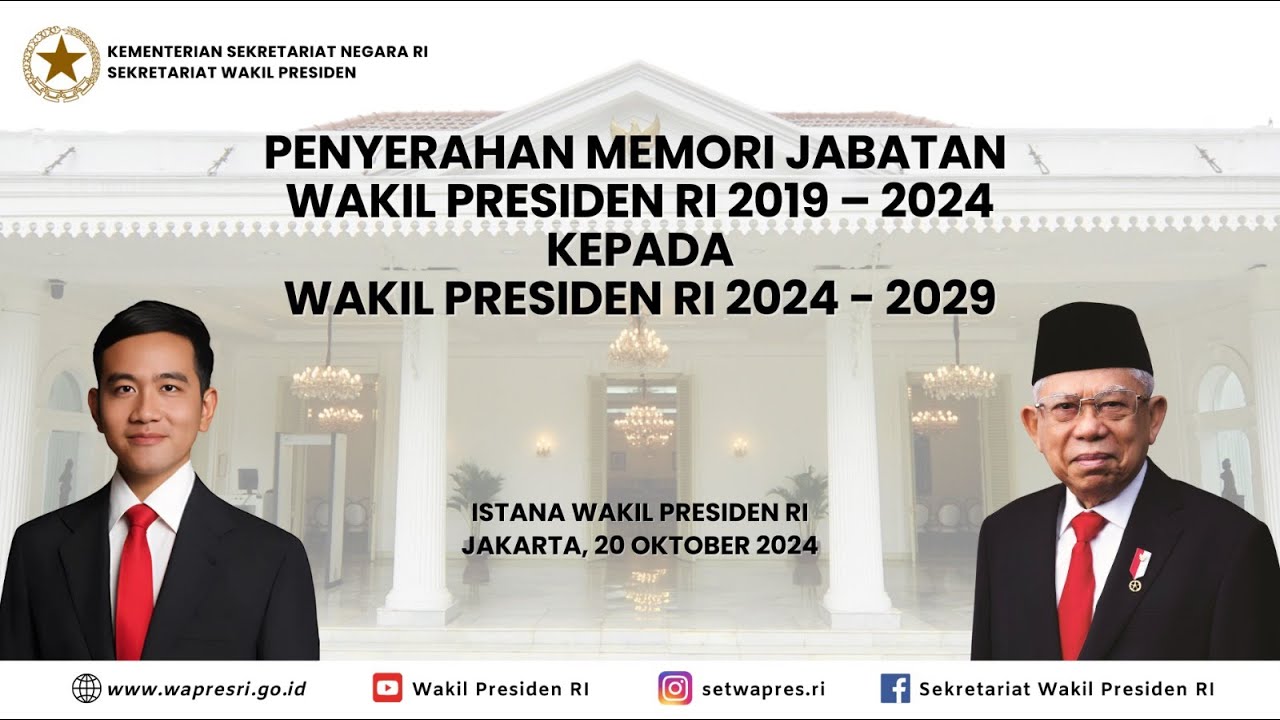 [LIVE] PENYERAHAN MEMORI JABATAN WAPRES RI 2019-2024 KEPADA WAPRES RI 2024-2029