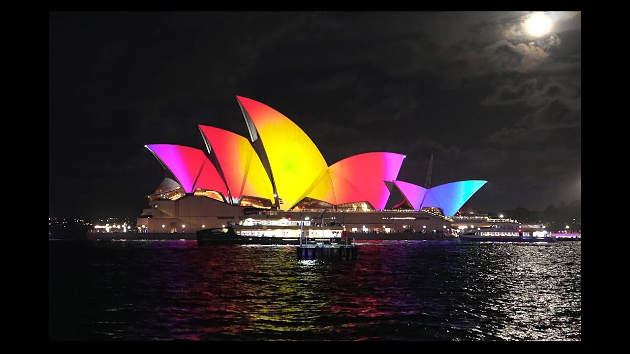 Vivid Sydney  --   Sydney Opera House with Moon light.