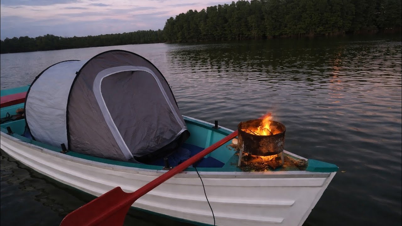 Solo Boat Camping by the River | Very Cozy Wooden Stove 