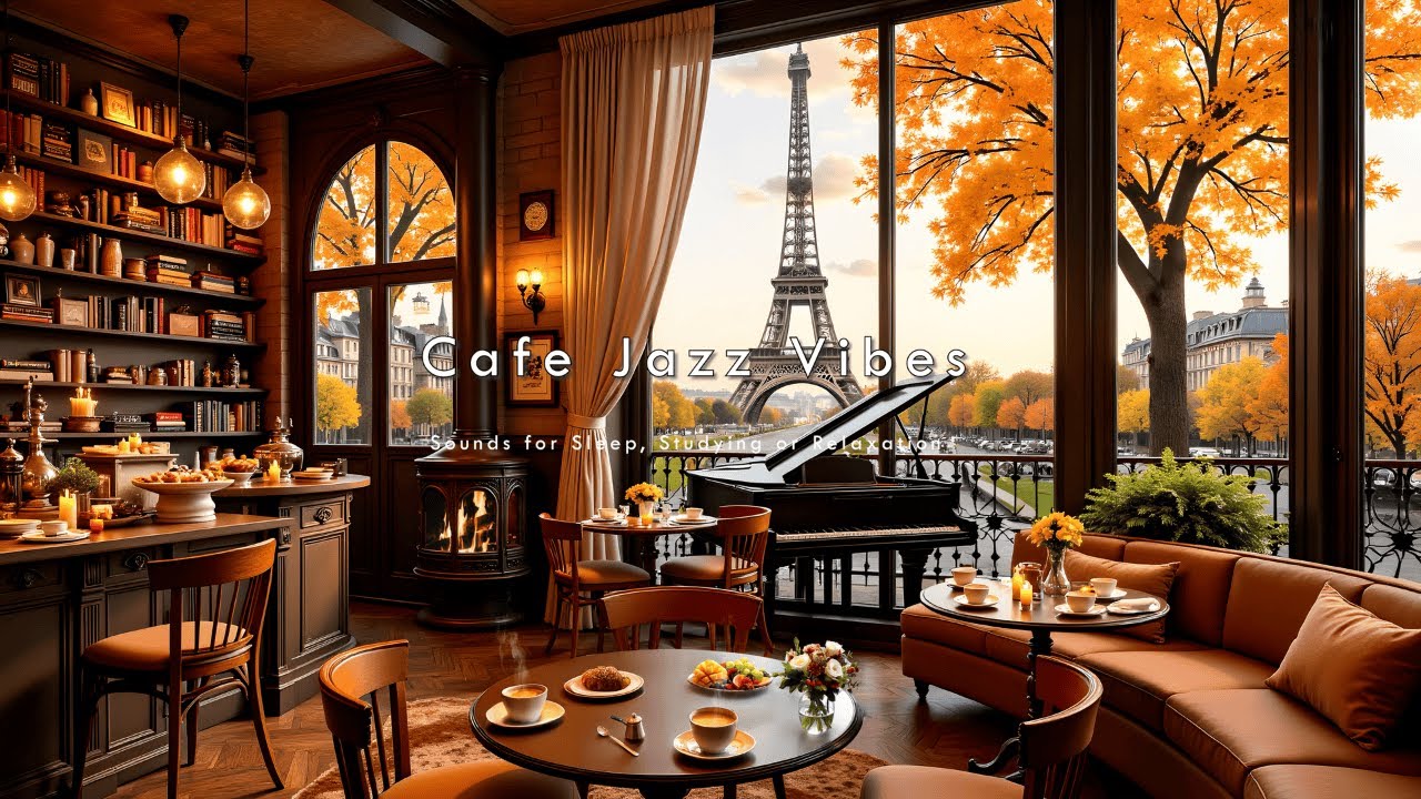 (NO ADS) Paris Autumn Caf&eacute; Jazz Vibes 🍂 Cozy Piano, Fireplace & Eiffel Tower View Ambience for Rela