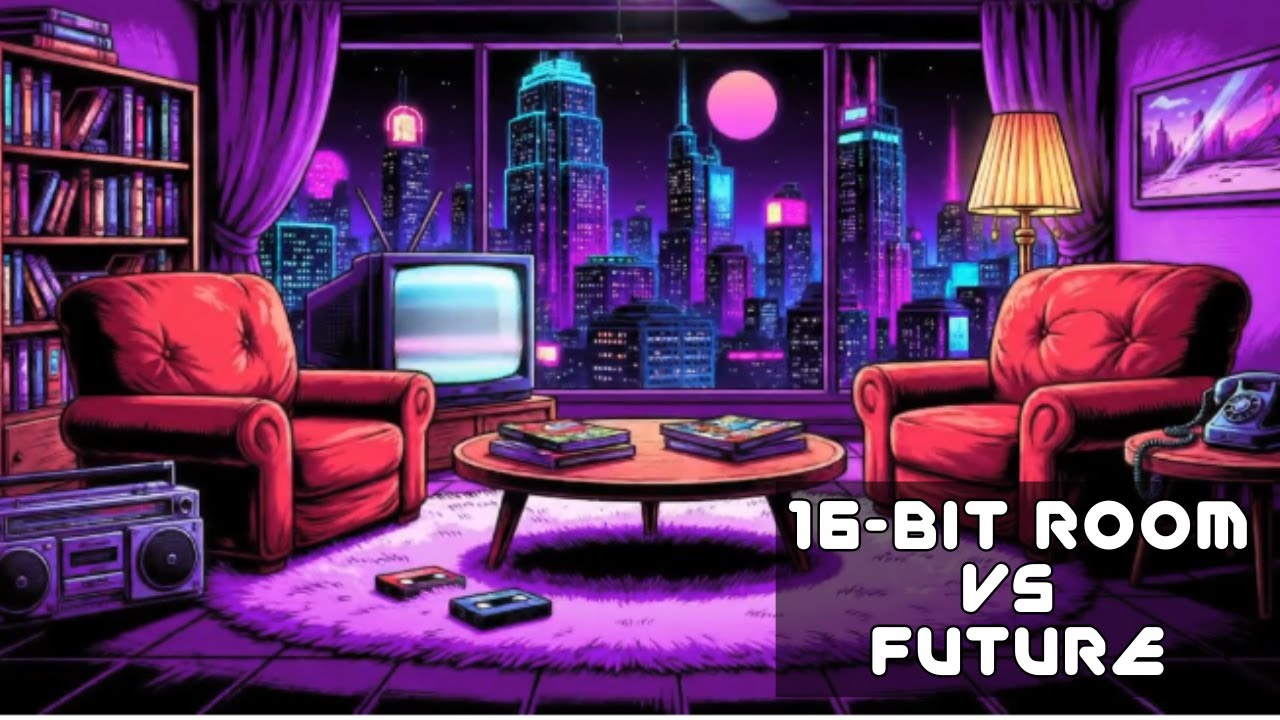 16-Bit 90s Room Floating Above a Cyberpunk Future