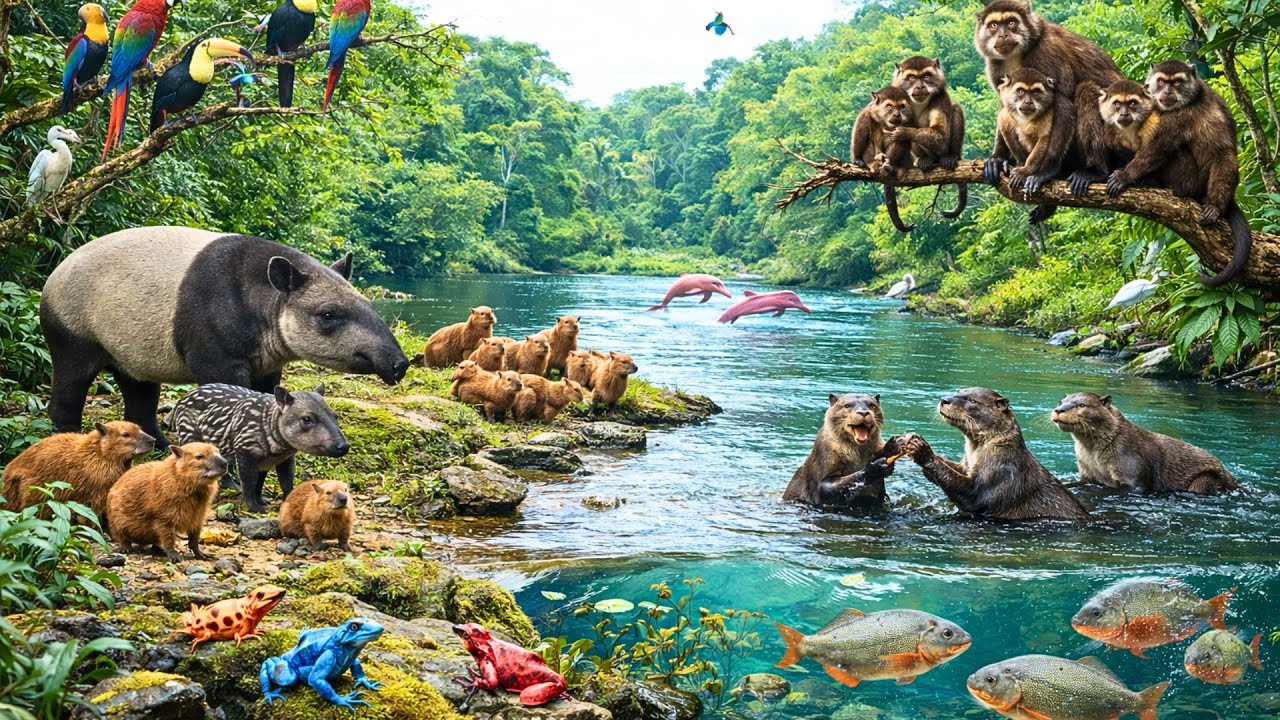 Relaxing Walk in the Amazon Rainforest | Tapir, Giant River Otter, Capuchin Monkey & More Wildlife