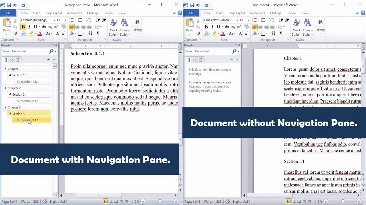 Create a navigation pane in Word 2010 [Word 2013, Word 2016]