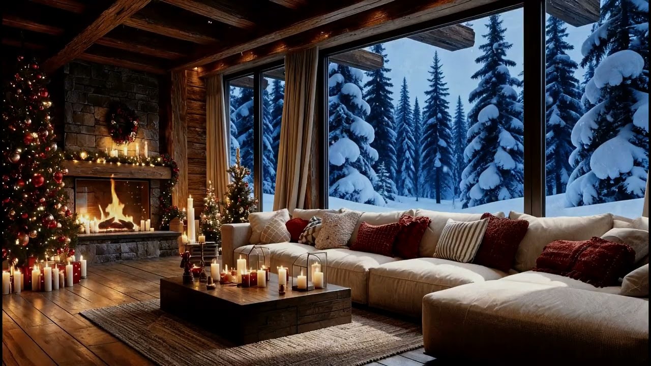 Cozy Fireplace Ambience | Winter Cabin with Snowy Forest | Relaxing & Meditative Background 4K