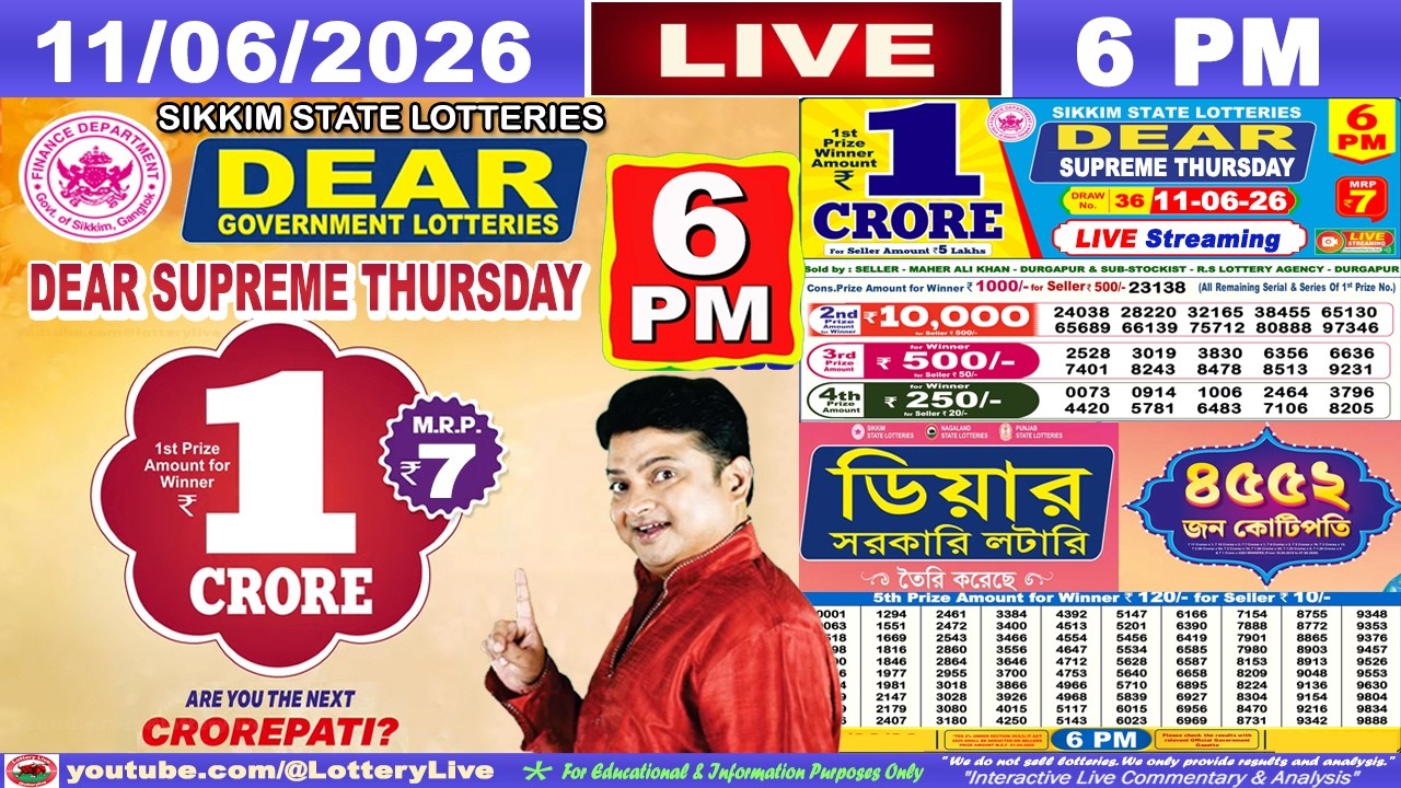 [LIVE] Lottery 6:00 PM Dear Sikkim state lottery live draw result 11.06.2026 | Lottery live