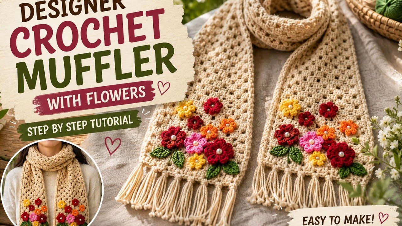 Designer Crochet Muffler with Flowers 🧣 Step by Step for Beginners | Ladies Special