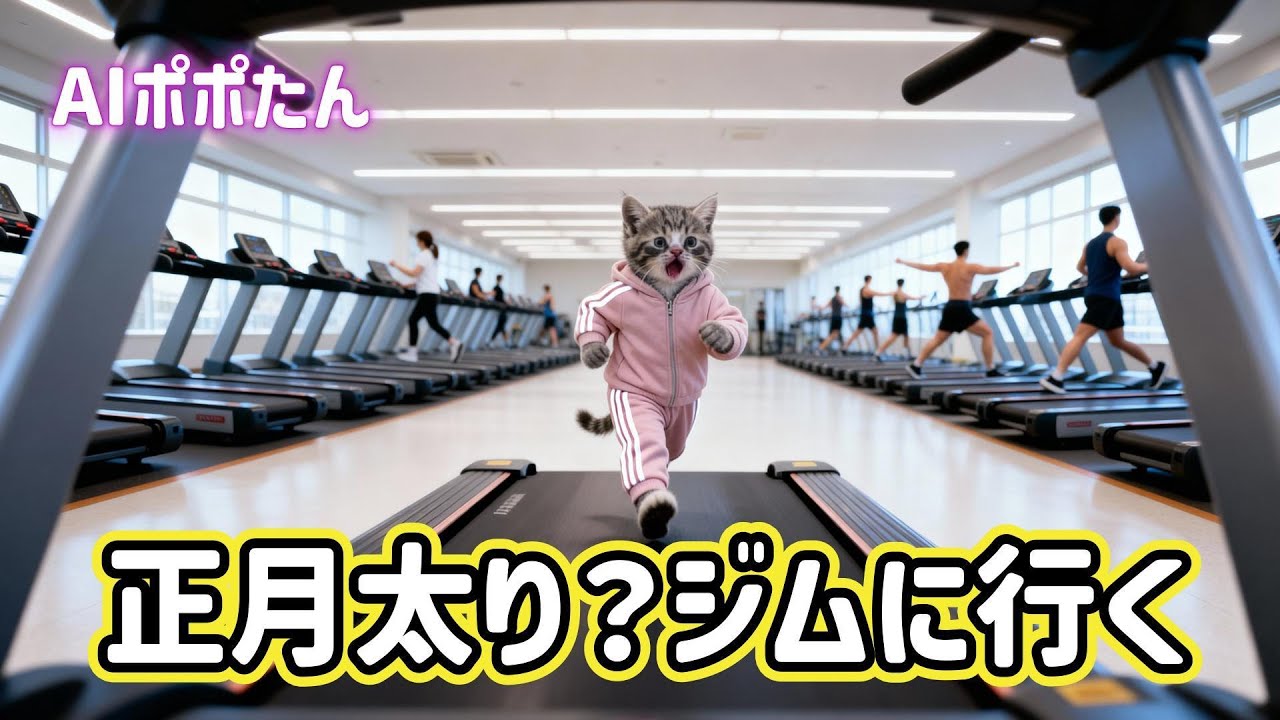 AI猫ポポたん 正月に食べ過ぎで正月太り？スポーツジムで運動不足解消