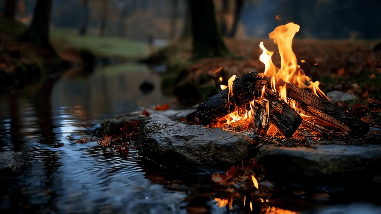Fall Into Deep Sleep 🌲🌙 Gentle River Flow & Soft Campfire Sounds (ASMR  Ambience)