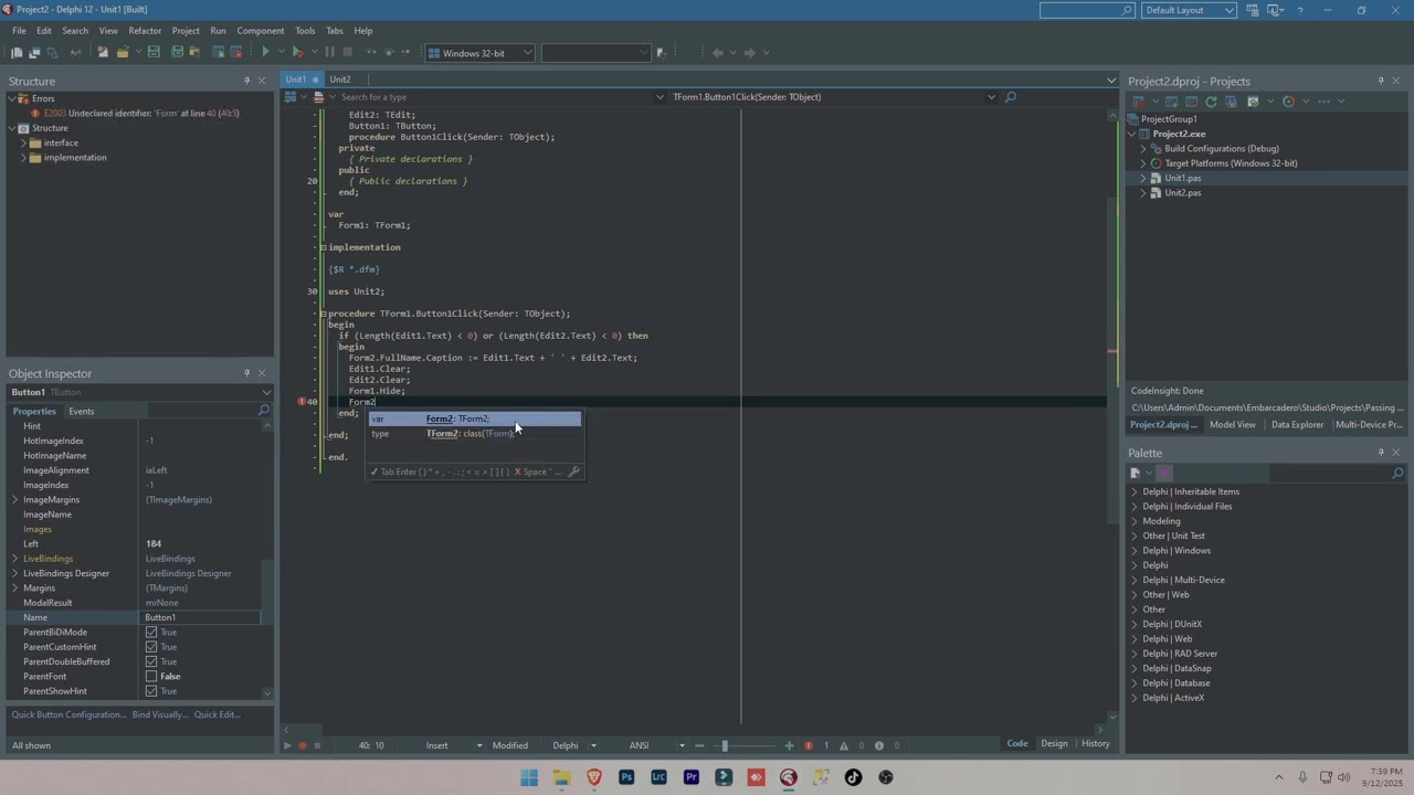 How to Pass Data to Another Form in Delphi (RAD Studio Tutorial)