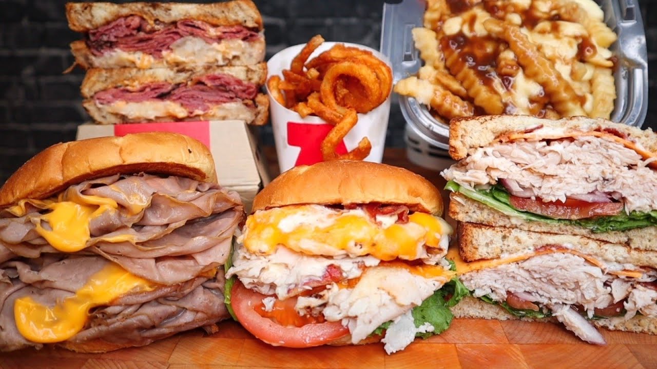 TRIPLE CHEESE TURKEY BLT,  SMOKED MEAT RUBEN, BEEF&CHEDDAR, TURKEY RANCH&BACON, POUTINE, CURLY FRIES