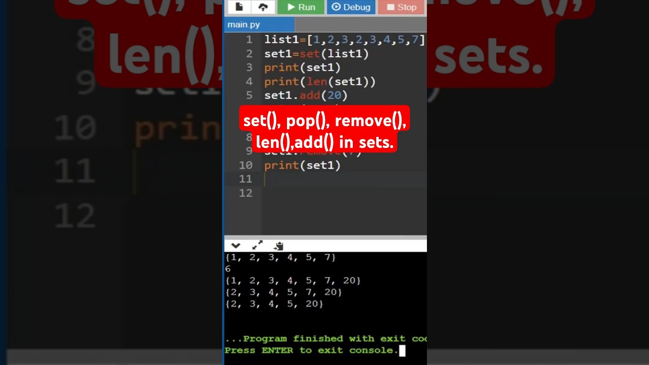 sets in python #set #python #coding #interview #pop #len #add #remove #shorts