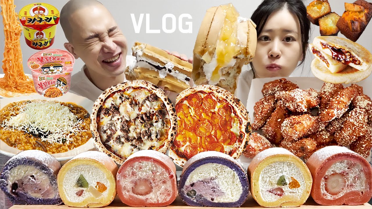 [먹방브이로그]신혼부부되고 첫 치팅^^(낙지김치치즈죽,쇠고기육개장죽,와플,야피자,BBQ눈맞은닭,로제불닭볶음면,카구리,몽슈슈롤케익)