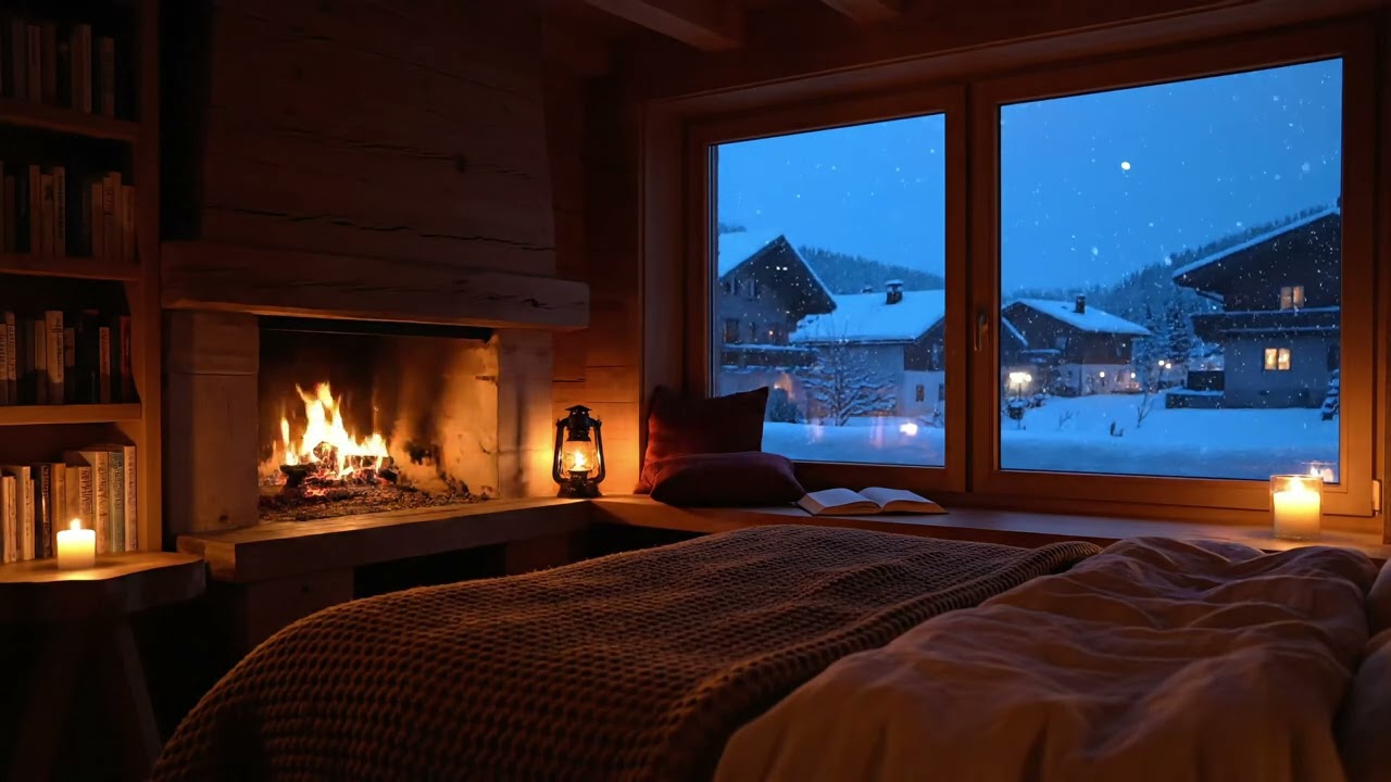 Cozy Bedroom by the Fireplace with Snowy Village View | 4K Sleep & Relaxation Ambience