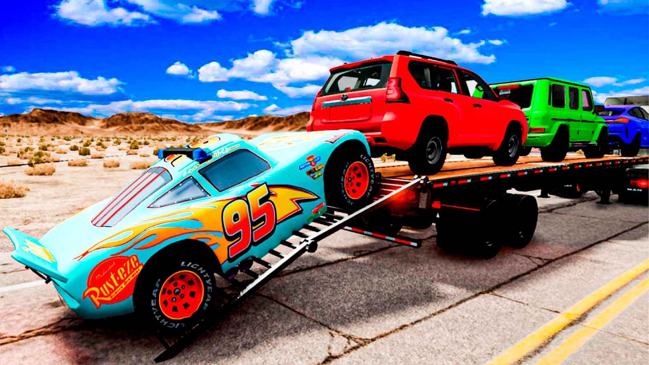 Flatbed Truck Mcqueen | Transportation with Truck - Pothole vs Car #99 - BeamNG.Drive