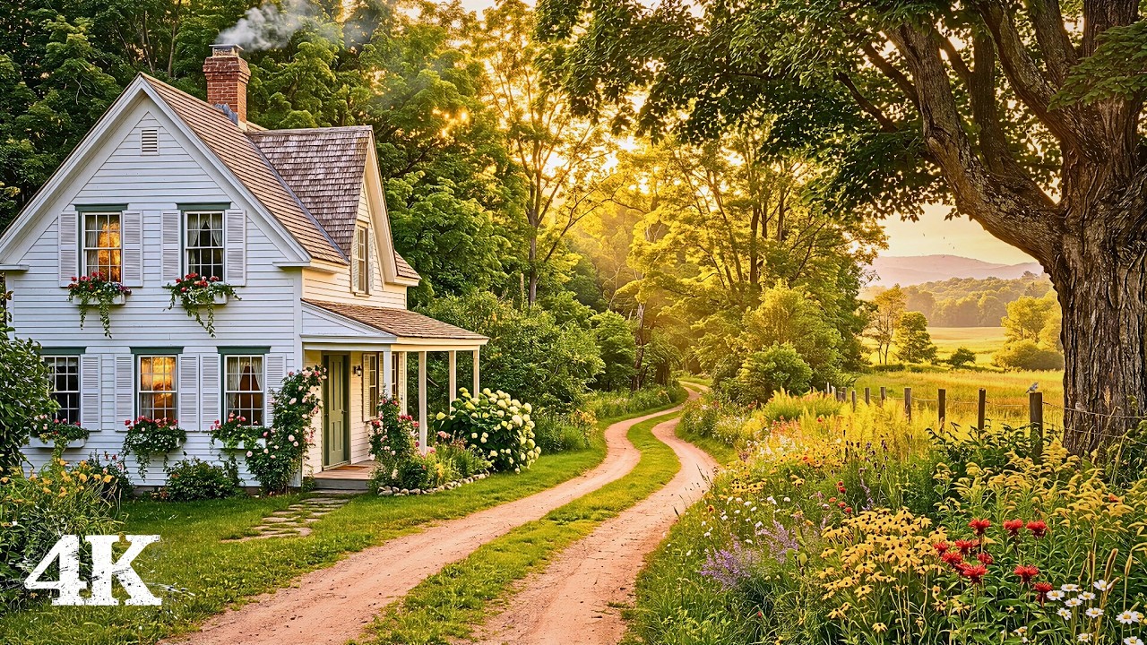 White Farmhouse on a Quiet Country Road | Long for a Place This Soft with Sunset Birdsong & Breeze