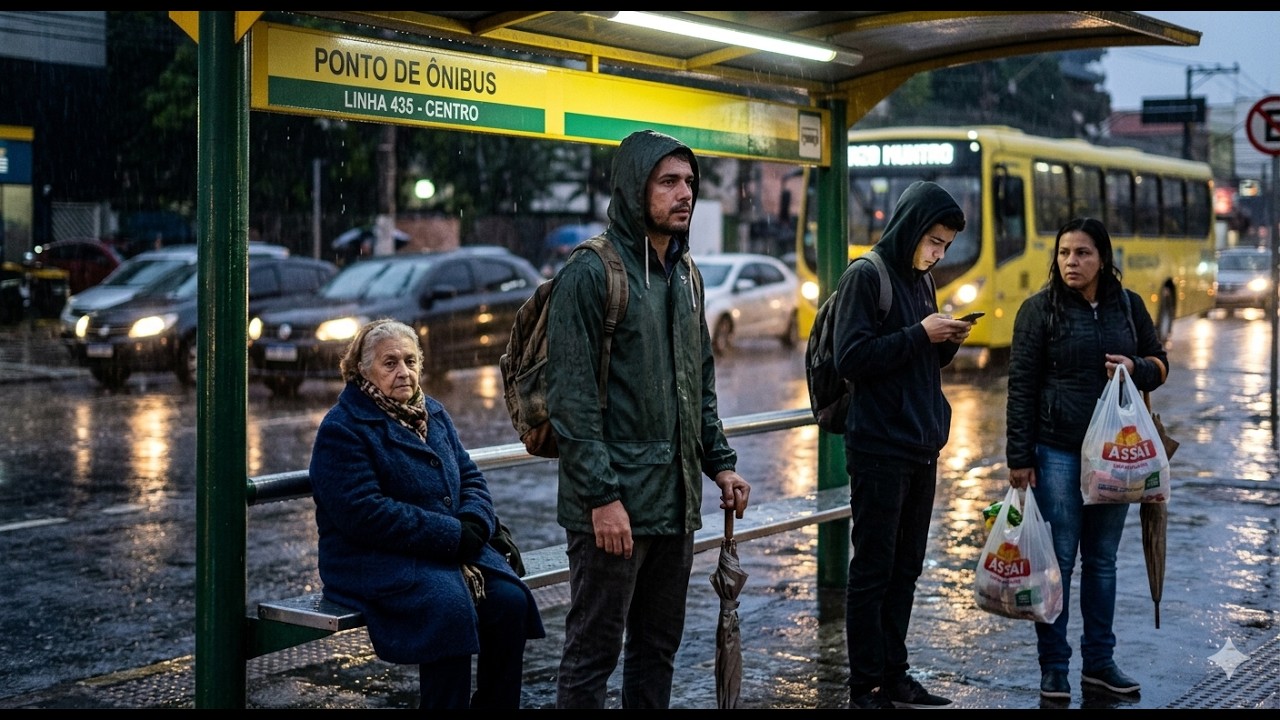 Waiting for the bus on a rainy day.| Easy Brazilian Portuguese Story