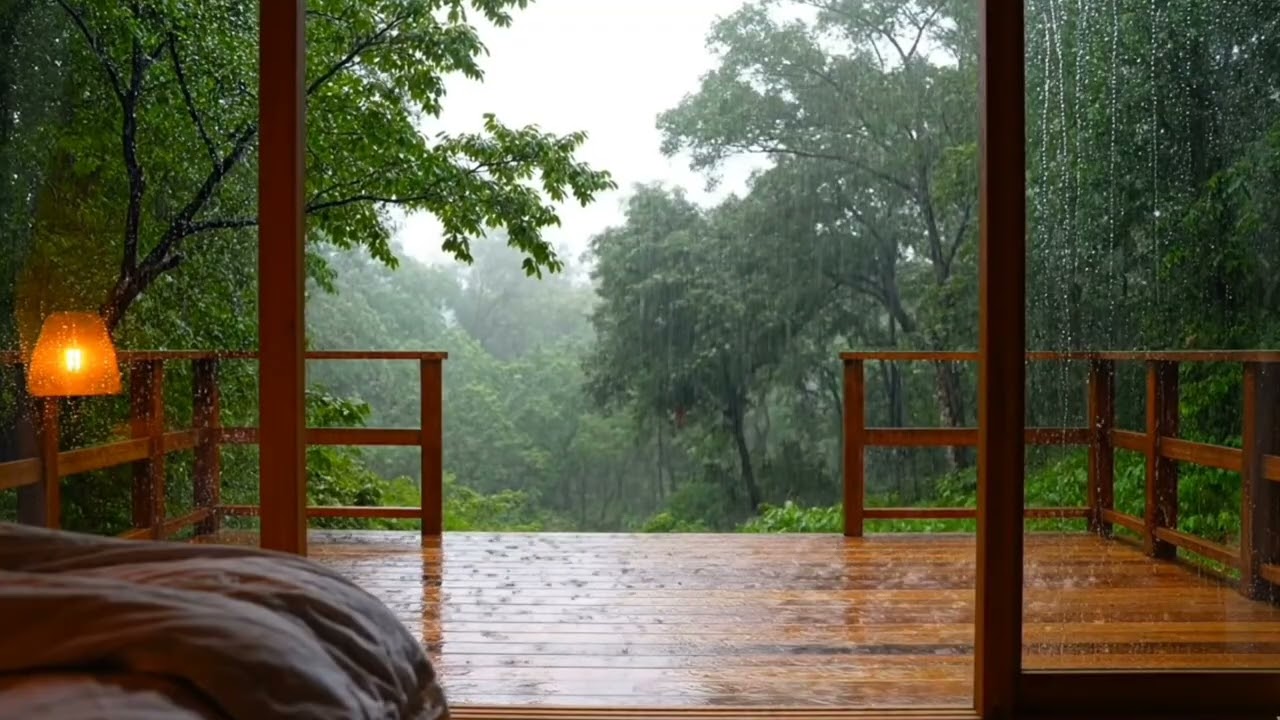 Heavy Rain & Thunderstorm Shelter ⛈️ Deep Sleep in a Cozy Forest Bedroom