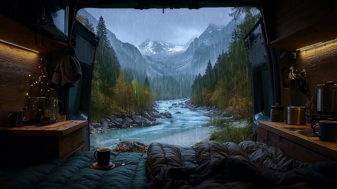 Ease Into Sleep with the Tranquil Rain In Campervan with Mountain River 🚐 Discover Peaceful Sleep