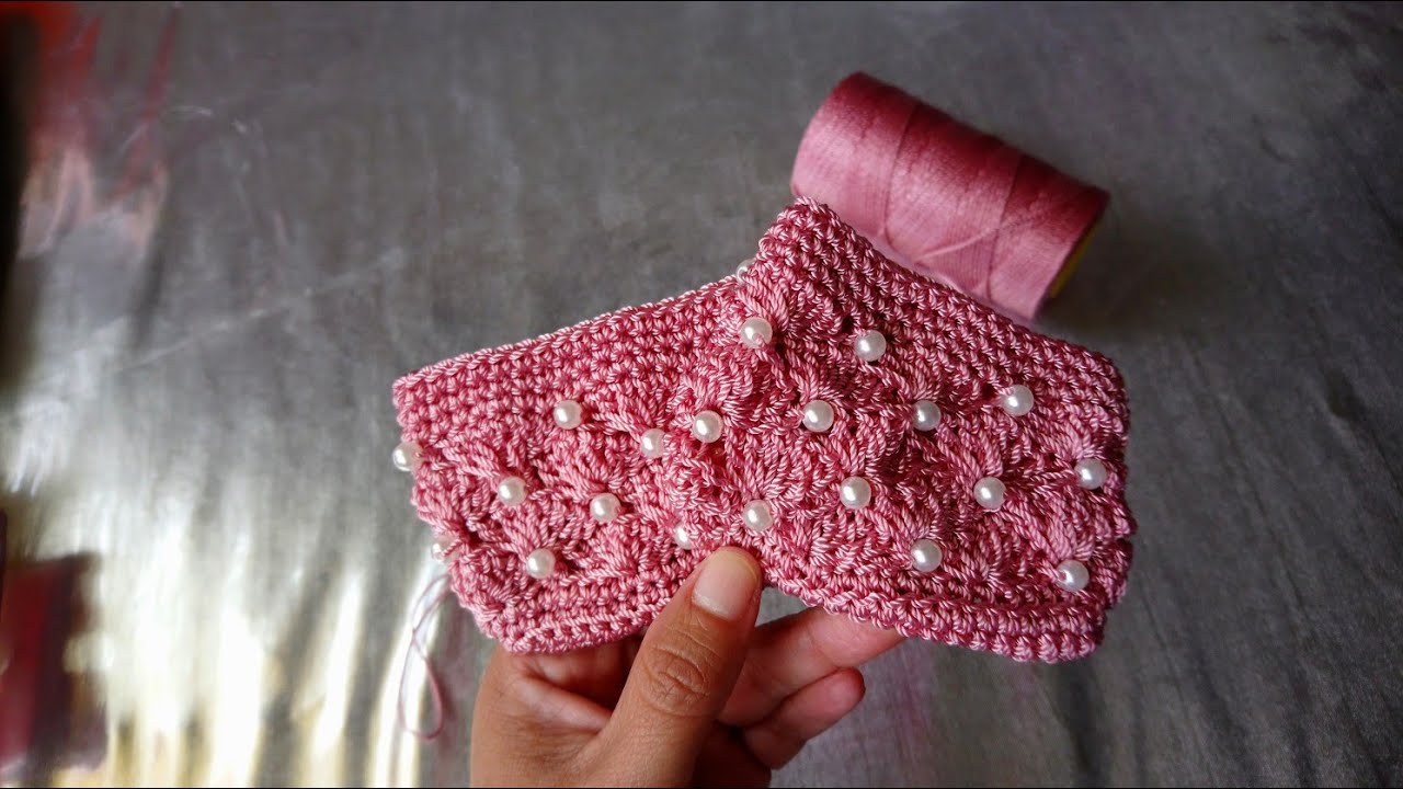 Monedero 👛 Tejido a Crochet Punto Abanicos con Perlas