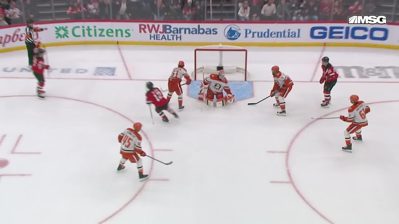 Cody Glass scores a goal against the Anaheim Ducks