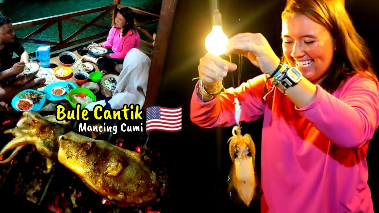 BULE CANTIK asal AMERIKA takjub mancing Cumi, Sotong & Ikan diTeras Gubuk- Cacth, Cooking & Eating