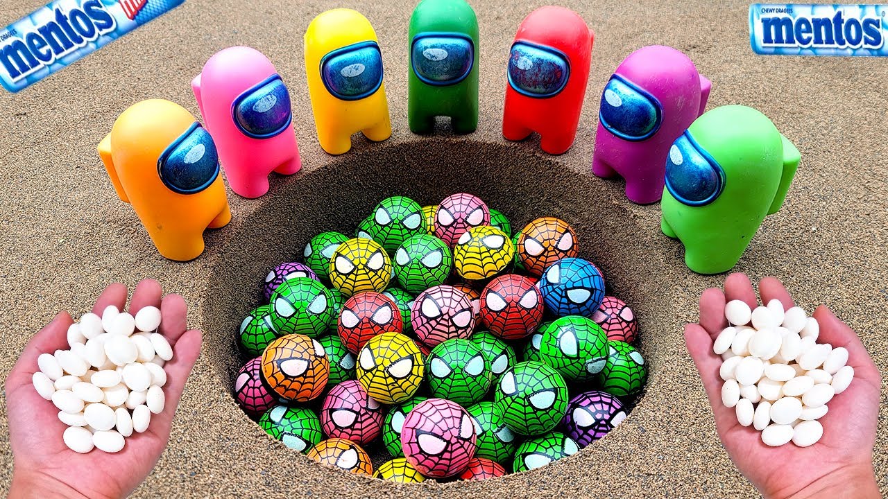 Different Toy Spiderman Bouncy Ball Experiment Cola Cola, Fanta, Mirinda, Pepsi, Sprite and Mentos