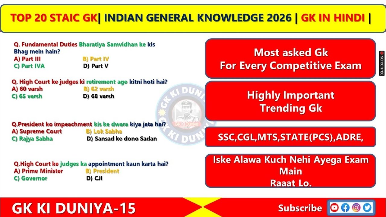 🔥 Sirf 20 GK Questions 😱 | 100 Likes Challenge 💯 | SSC GD/ Polity/ Static GK/ Geography | GK 2026