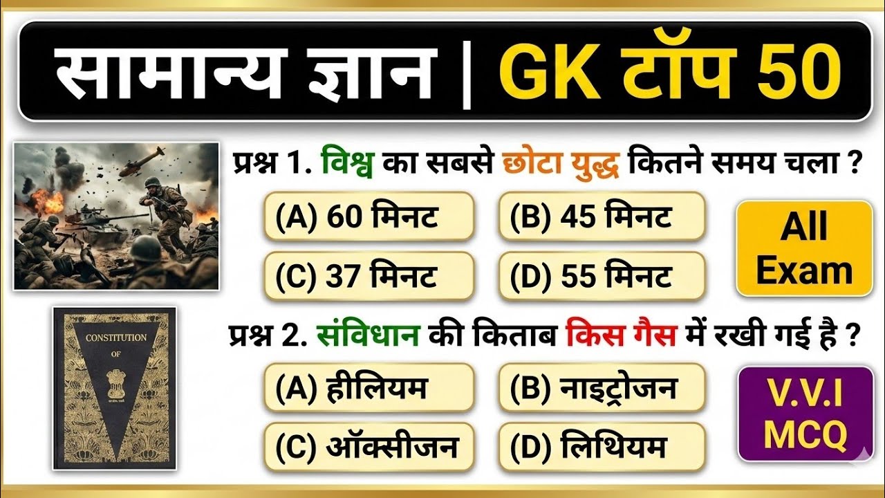 सामान्य ज्ञान | General knowledge | Top 50 Gk Gs Question | SSC GD, MTS, RPF | Gk Quiz 