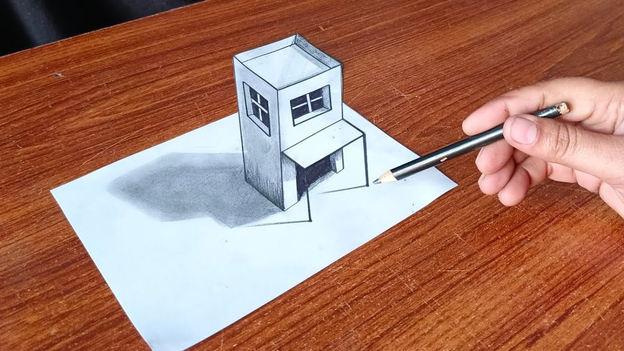Very easy 3d drawing house on paper - How to draw a 3d house