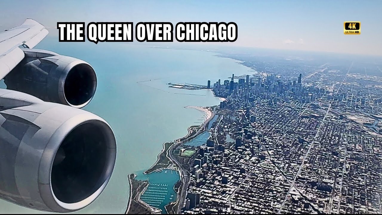 Boeing 747-8i Landing - Lufthansa - Chicago Skyline Aerial Views [4K]