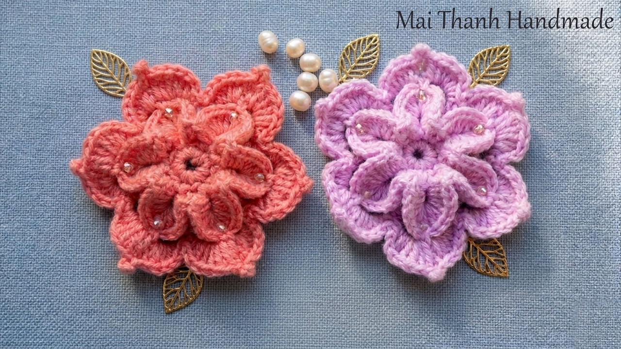 How to Crochet 3D flower tutorial I Hướng dẫn móc hoa len 3D - Mẫu hoa lan 2 lớp