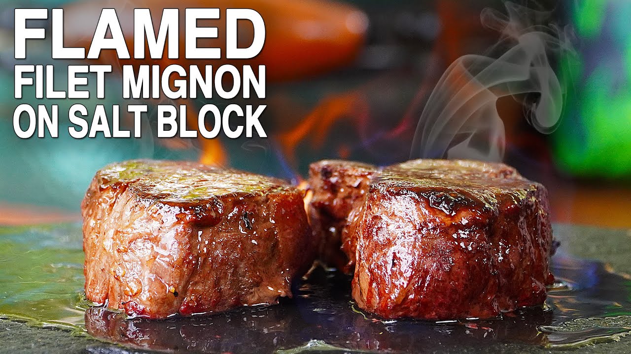 Bourbon Flaming Filet Mignon On a  Salt Block on the Big Green Egg | FOGO Charcoal