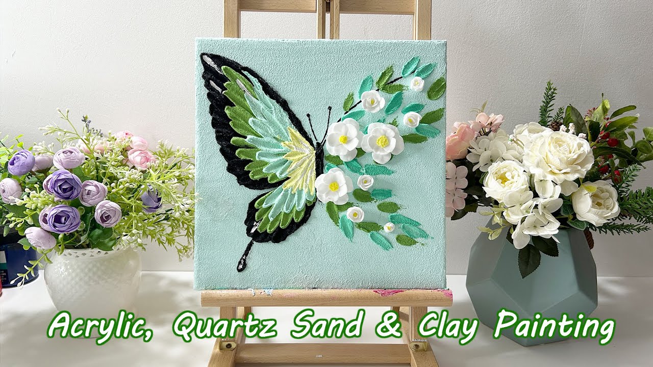 clay art on canvas for beginners.Green Butterfly Art | Acrylic, Quartz Sand & Clay Painting.