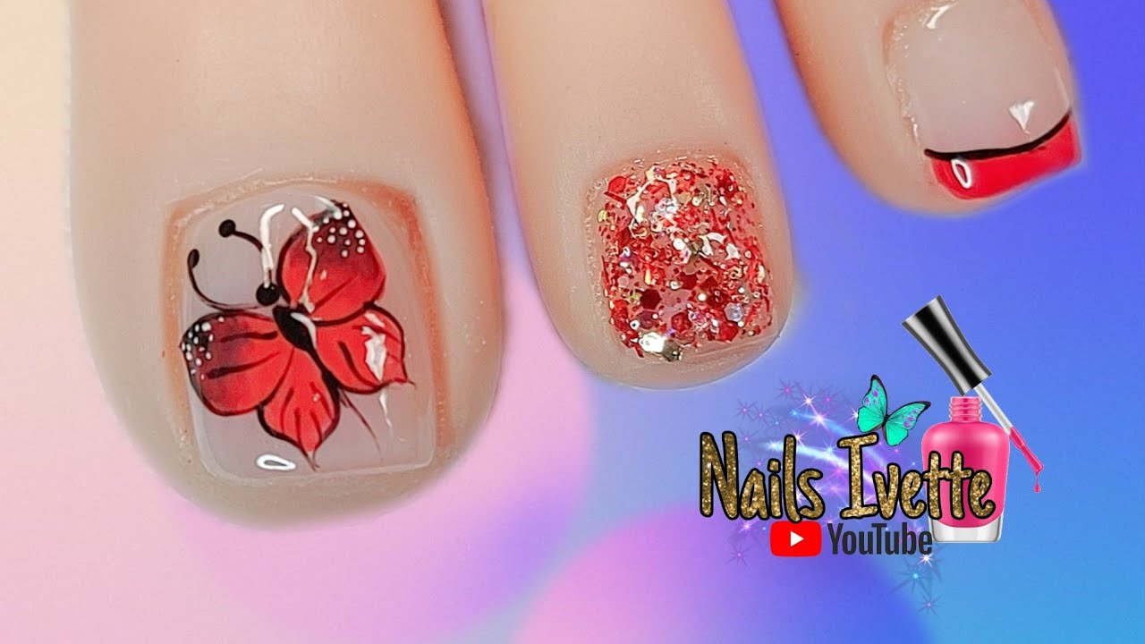 🦋 Cómo decorar las Uñas de los pies con mariposas paso a paso en color rojo 2021.❤