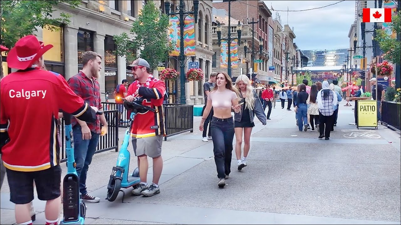 CALGARY Alberta Canada - City is Getting Ready for Stampede - Downtown Nightlife Walk 4K 🇨🇦