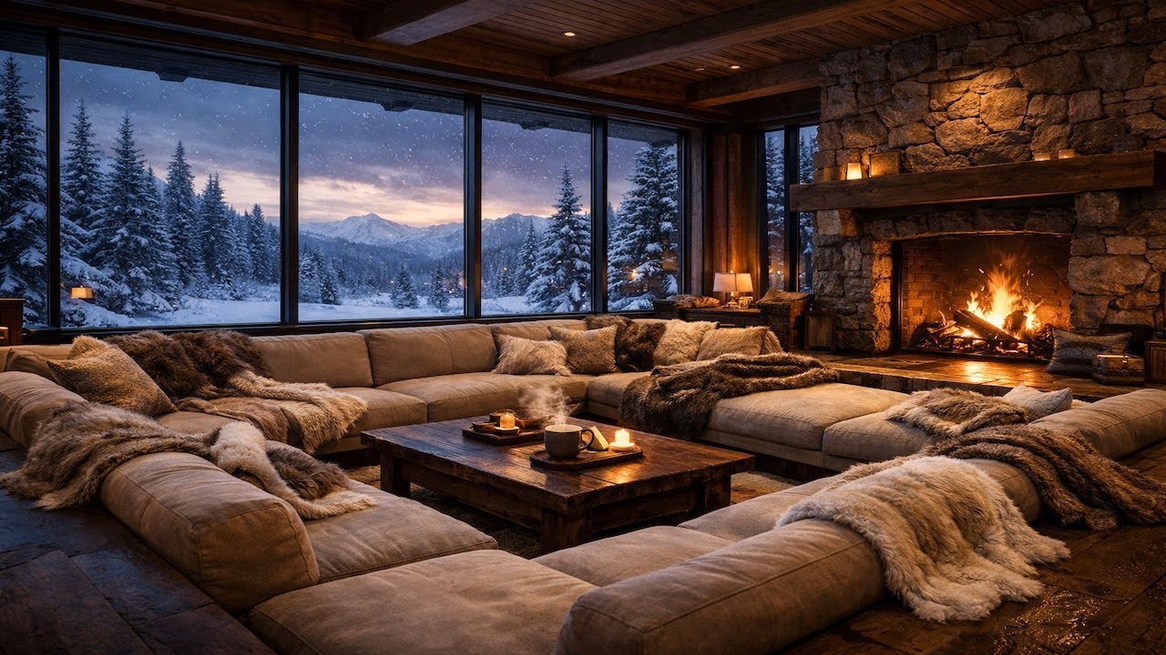2K Snowy Modern Mountain Cabin Ambience ❄️❄️❄️ | Fireplace Sounds & Winter Storm Outside