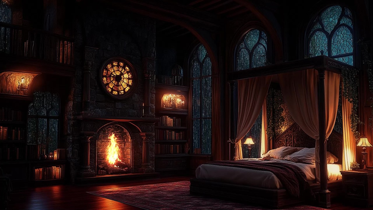 🌩️🏰 Heavy Storm Rain Sounds in a Majestic Castle Bedroom | Rain on Glass & Fireplace | Deep Sleep