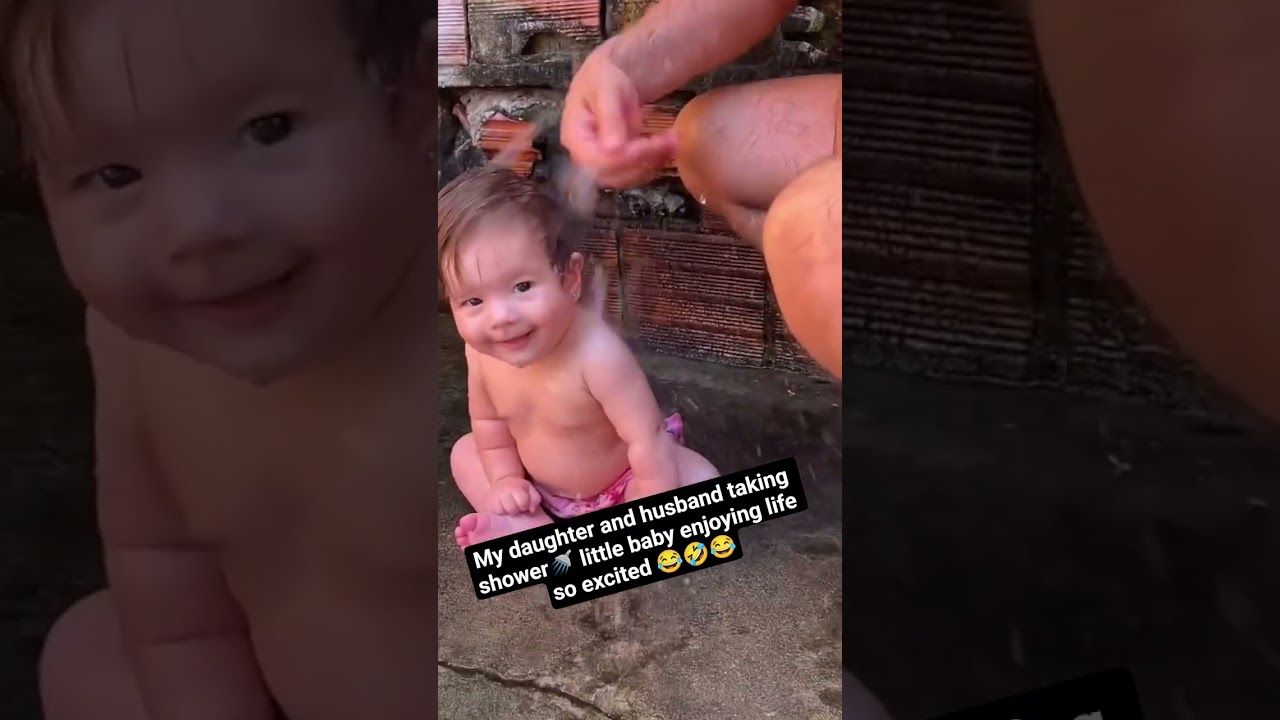 My daughter and husband taking shower🚿 little baby enjoying life so excited 😂#funnymoments#baby#cute