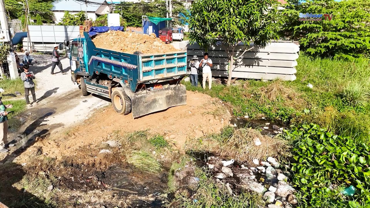 New Start Landfill Task! Good Work Of Bulldozer Push Soils With Dump Trucks Team Process