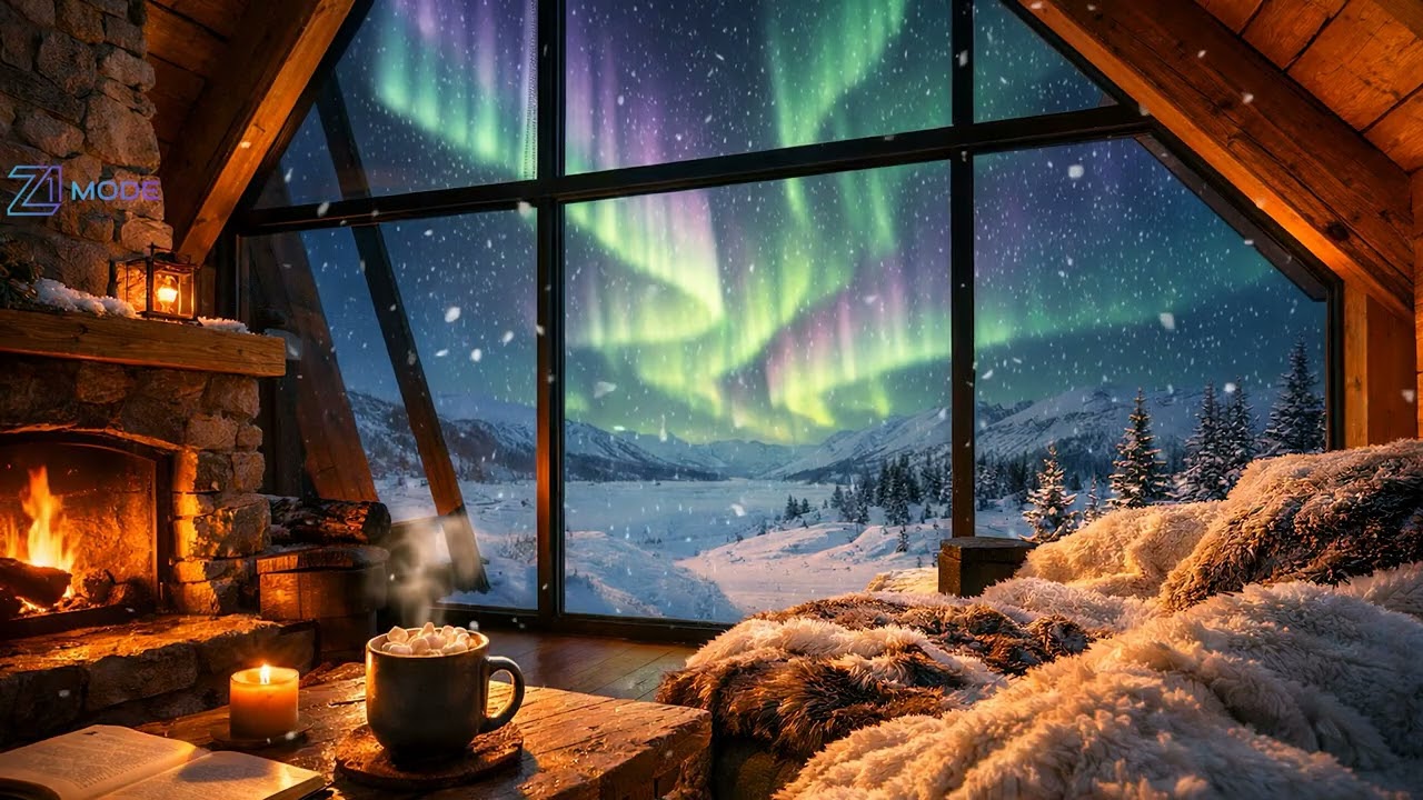 Arctic Sleep Ambience 🌌 Northern Lights & Blizzard Sounds | Cozy Cabin White Noise