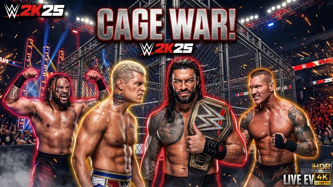 Roman Reigns vs Jacob Fatu vs Cody Rhodes vs Randy Orton – Steel Cage Match | WWE 2K25