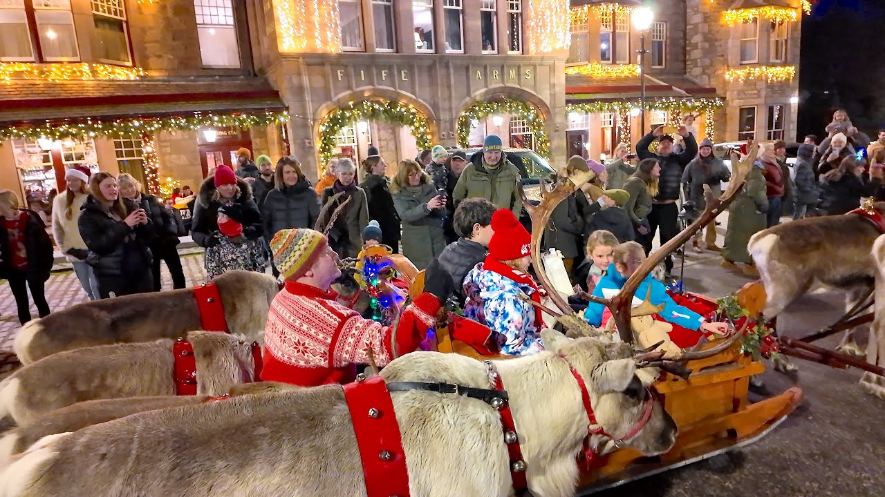 Fire Arms Christmas reindeer parade around Braemar in the Cairngorms, Scotland, Christmas Eve 2025