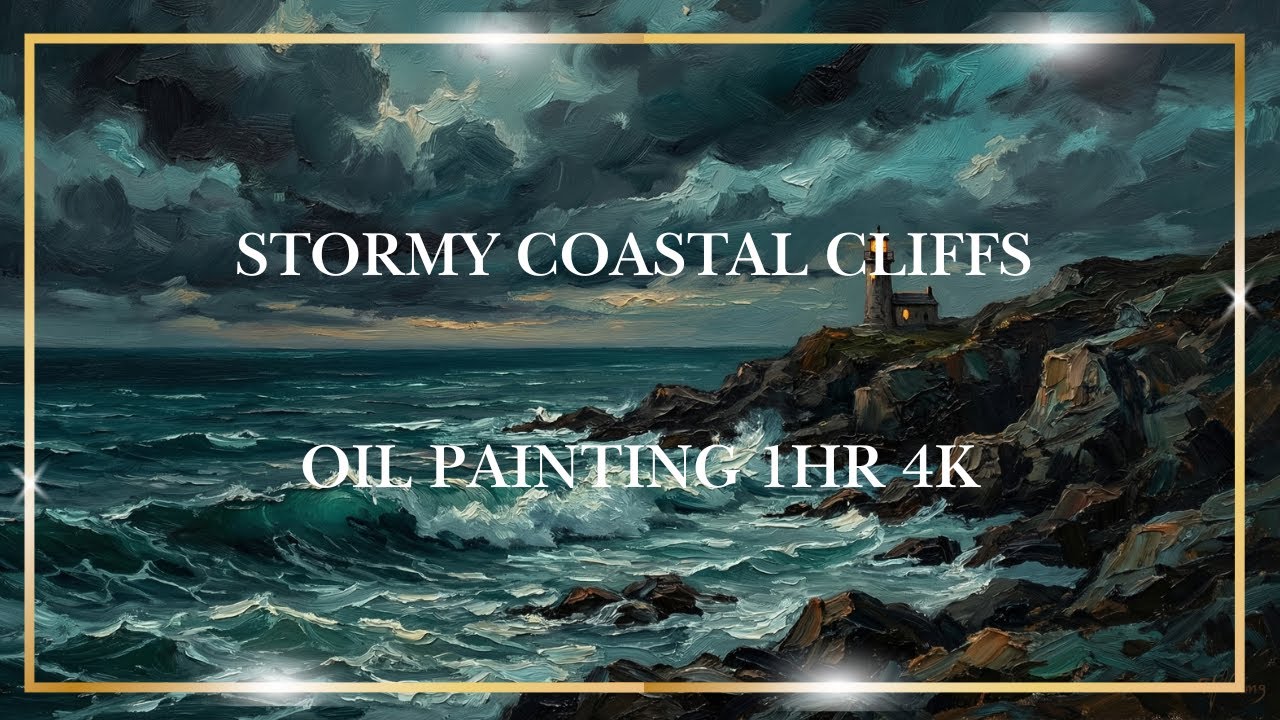 Stormy Coastal Cliffs Oil Painting 4K (1HR) – Teal Waves & Lighthouse Glow | Moody TV Art
