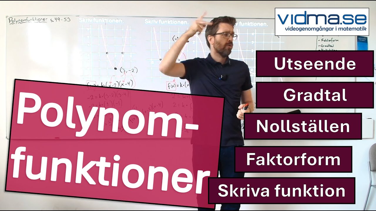 Matematik 3. POLYNOMFUNKTIONERS GRAFER. Utseende, faktorform, nollställen, skriva funktionen mm.