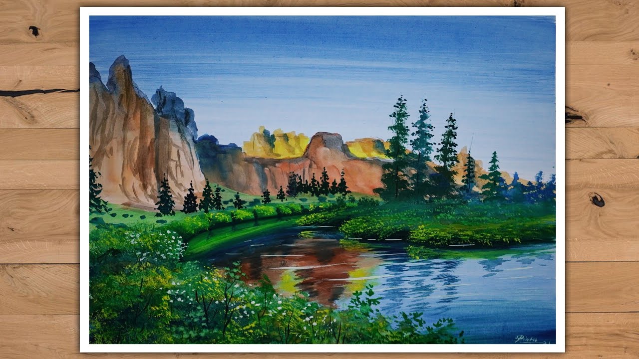 Easy Landscape Painting with Poster Color | Natural Scenery